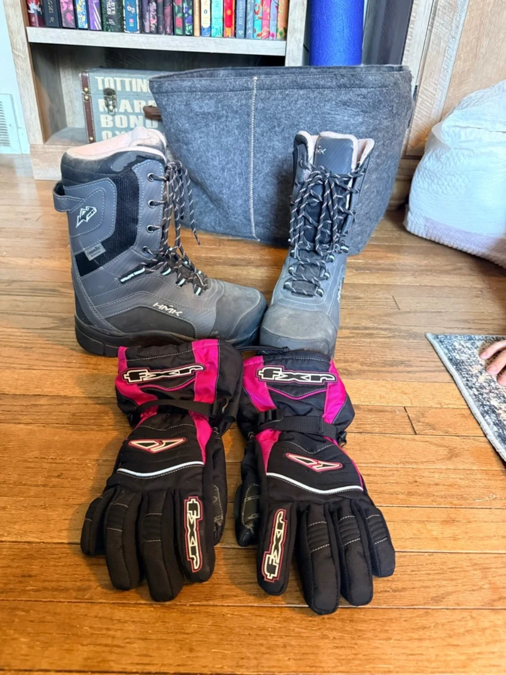HMK Women's Gray Snowmobile Boots with Pink/Black FXR Gloves